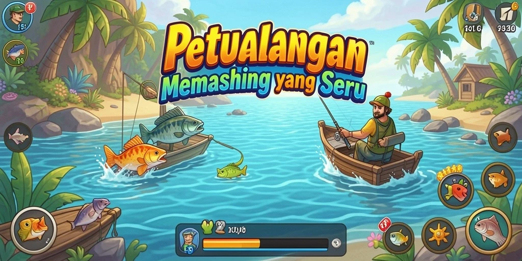 Tampilan gameplay 6CF dengan karakter menangkap ikan di danau.