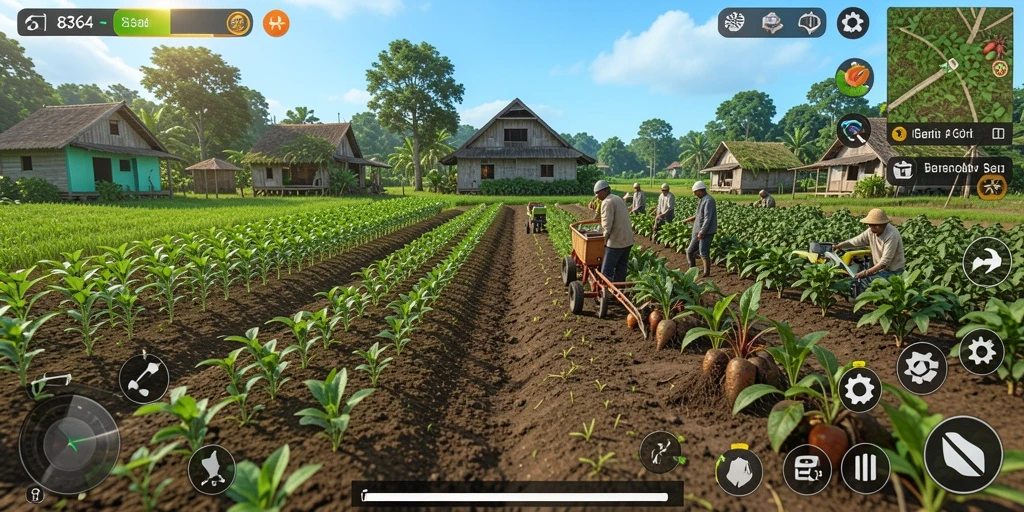 Screenshot gameplay 8364 menampilkan ladang dengan tanaman subur.