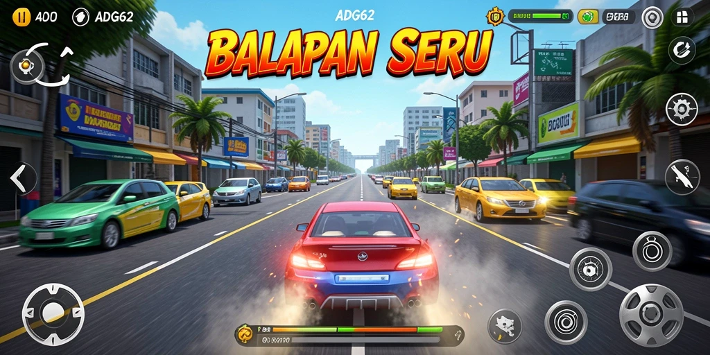 Screenshot gameplay ADG62 menampilkan aksi balapan yang mendebarkan.