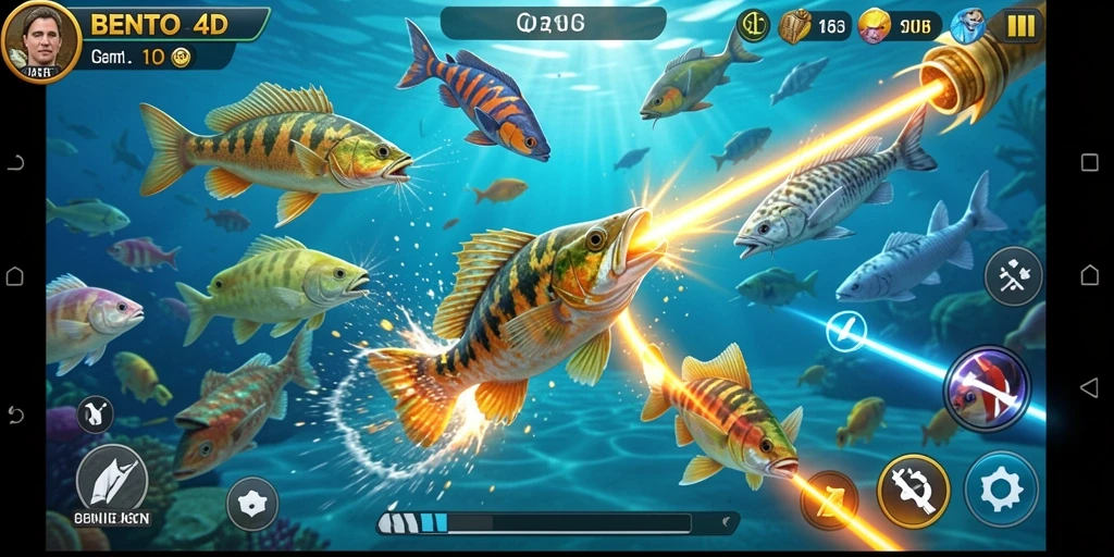 Tampilan gameplay BENTO4D yang penuh aksi saat menangkap ikan.