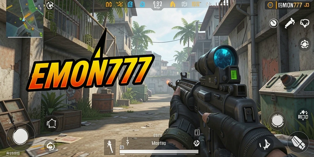 Screenshot EMON777 menunjukkan pertarungan intens dalam permainan FPS.