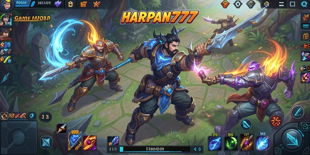 Tampilan gameplay HARAPAN777 menampilkan pertarungan tim yang epik di arena.