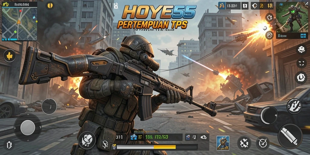 Tampilan gameplay HOYE55 yang mendebarkan di arena pertempuran TPS.