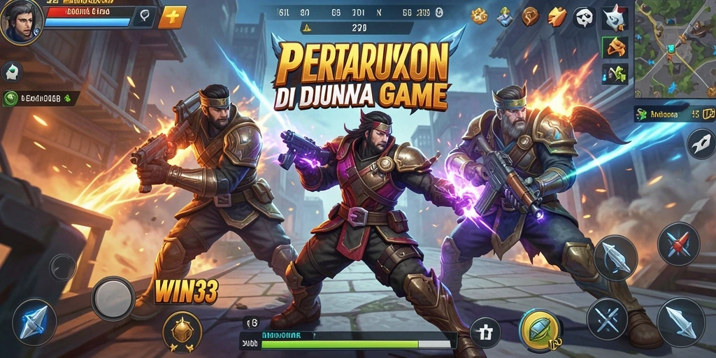 Tampilan seru gameplay <strong>WIN33</strong> dengan karakter bertarung di arena.